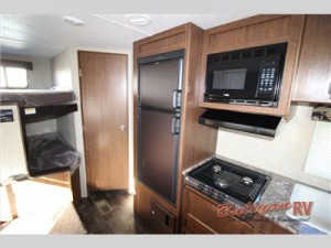 The comfy and cozy interior of the Keystone Hideout travel trailer.